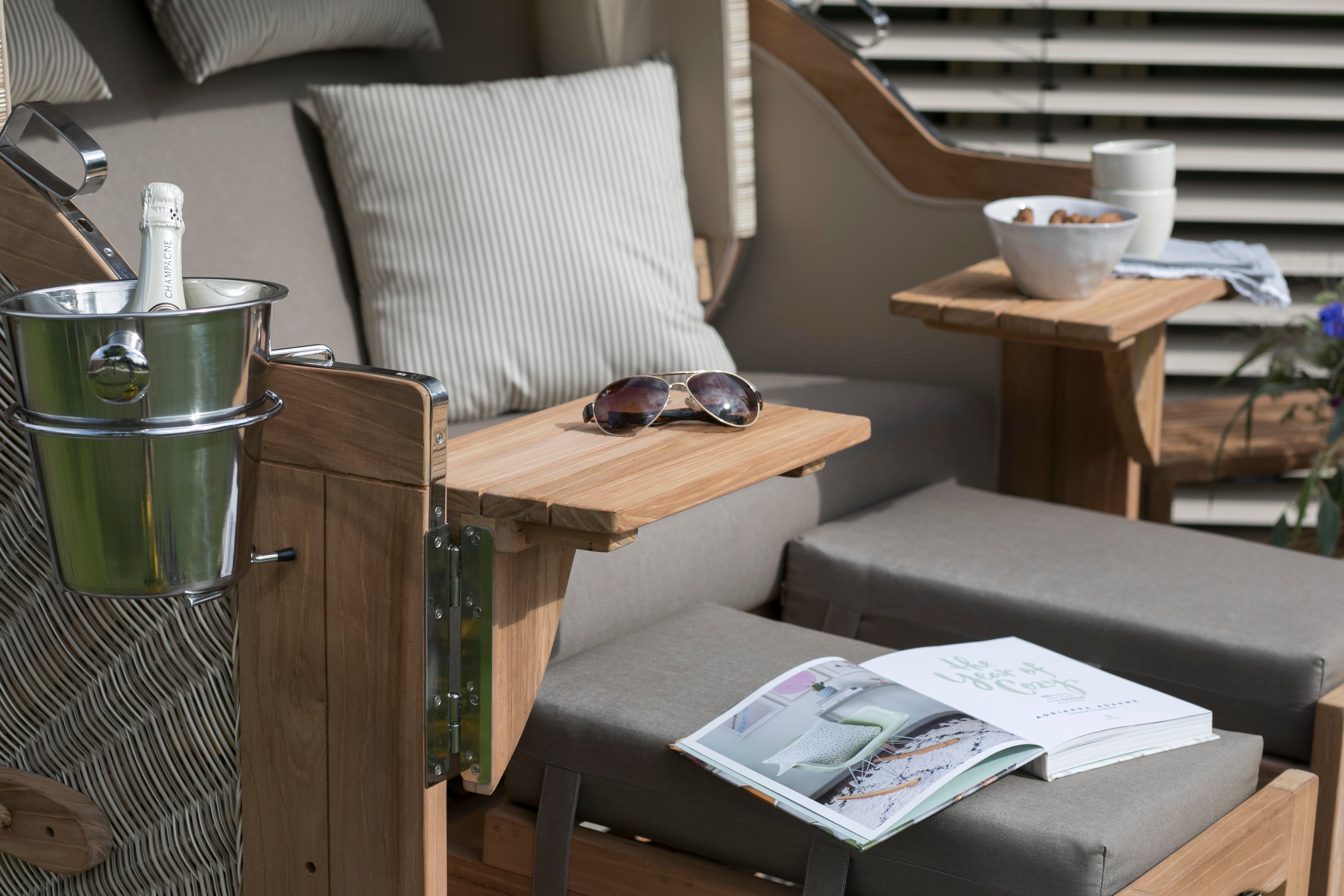 Strandkorb Düne Teak Bullauge Dessin 534 inkl. Feuerschale IDAHO