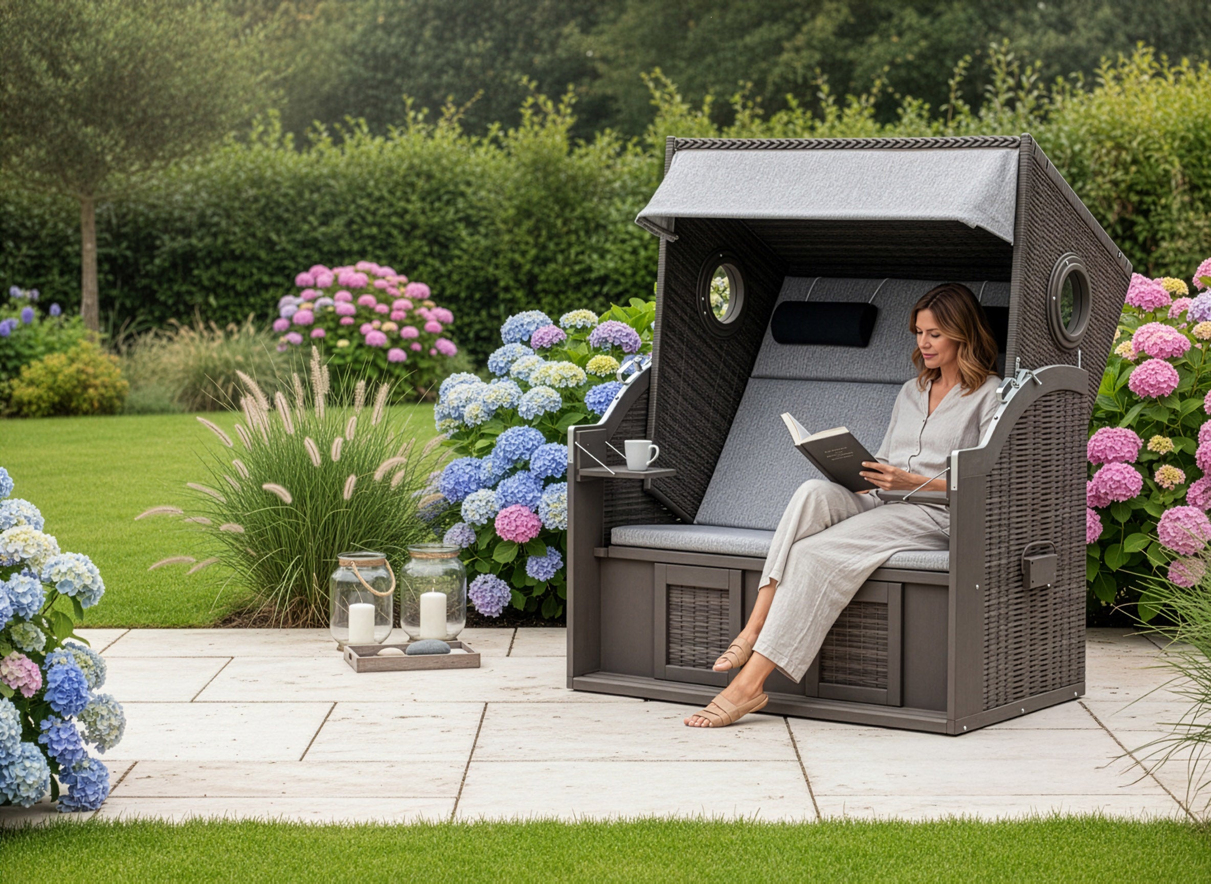 Strandkorb PURE® Wave XL PE grey Des. 390 inkl. Sekt-/Champagnerkühler