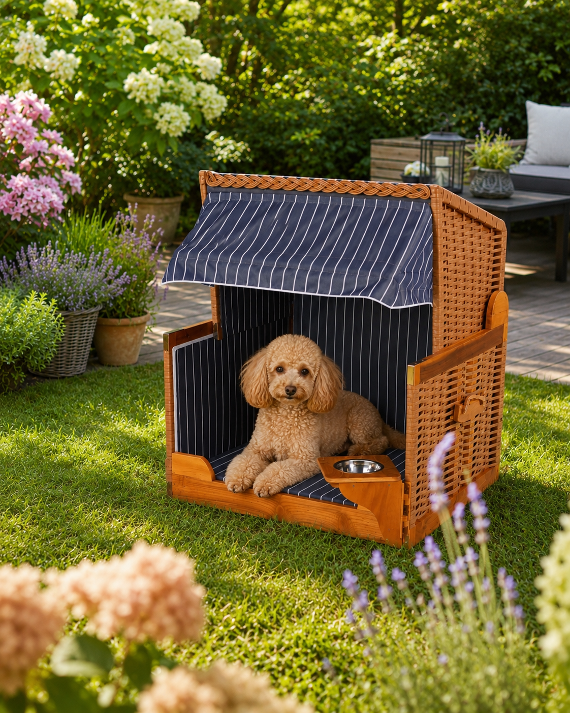 Hunde- und Katzenstrandkorb gestreift/blau PE beige