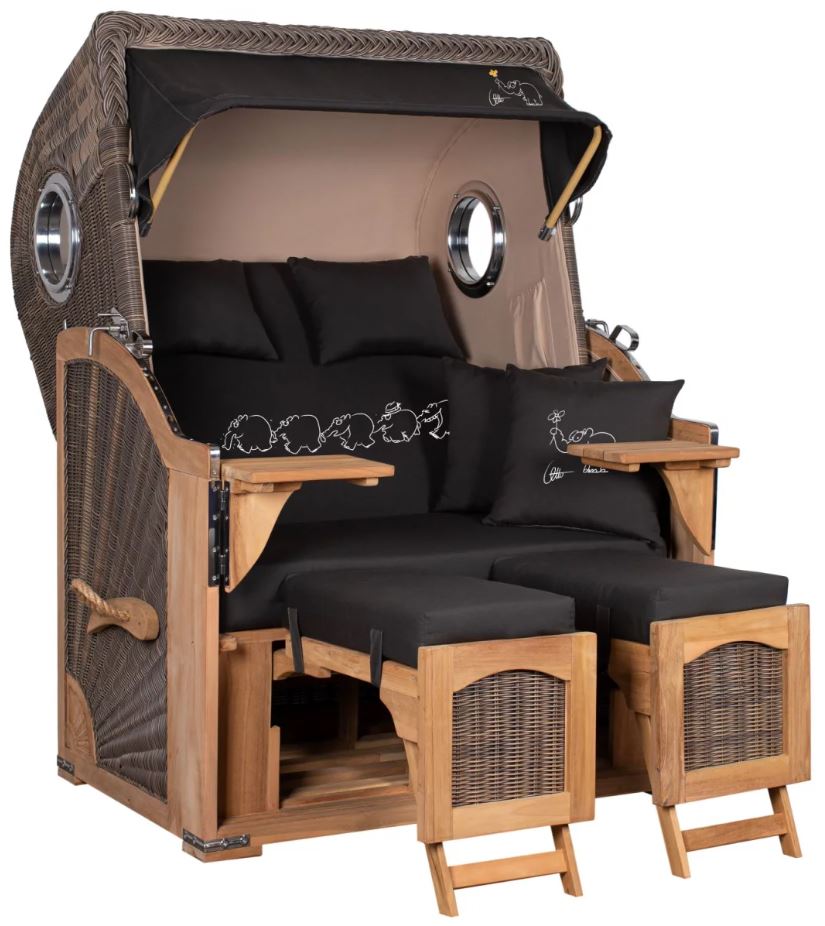 Komplettset Strandkorb Düne Bullauge Teak PE Grey Dessin Ottifant inkl. Feuerschale IDAHO