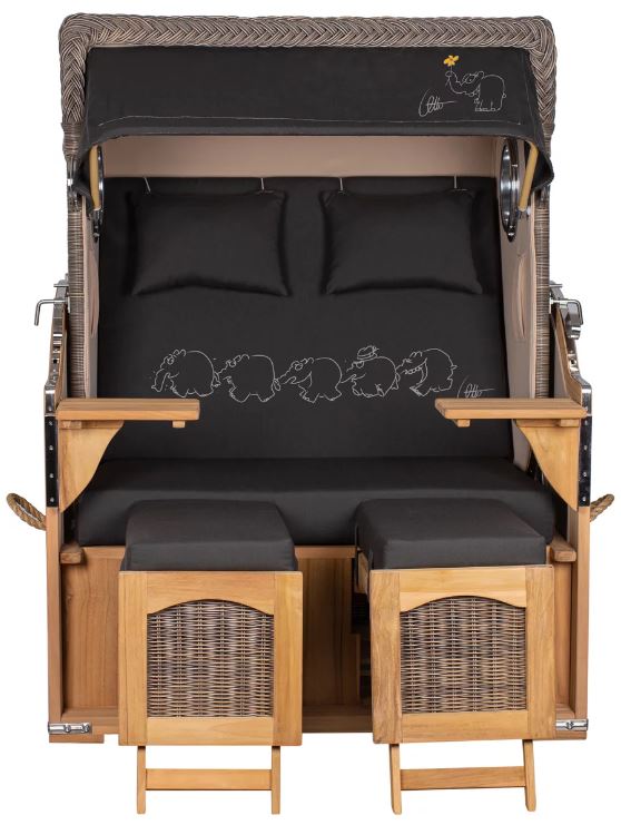 Komplettset Strandkorb Düne Bullauge Teak PE Grey Dessin Ottifant inkl. Feuerschale IDAHO