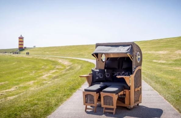 Komplettset Strandkorb Düne Bullauge Teak PE Grey Dessin Ottifant inkl. Sekt-/Champagnerkühler