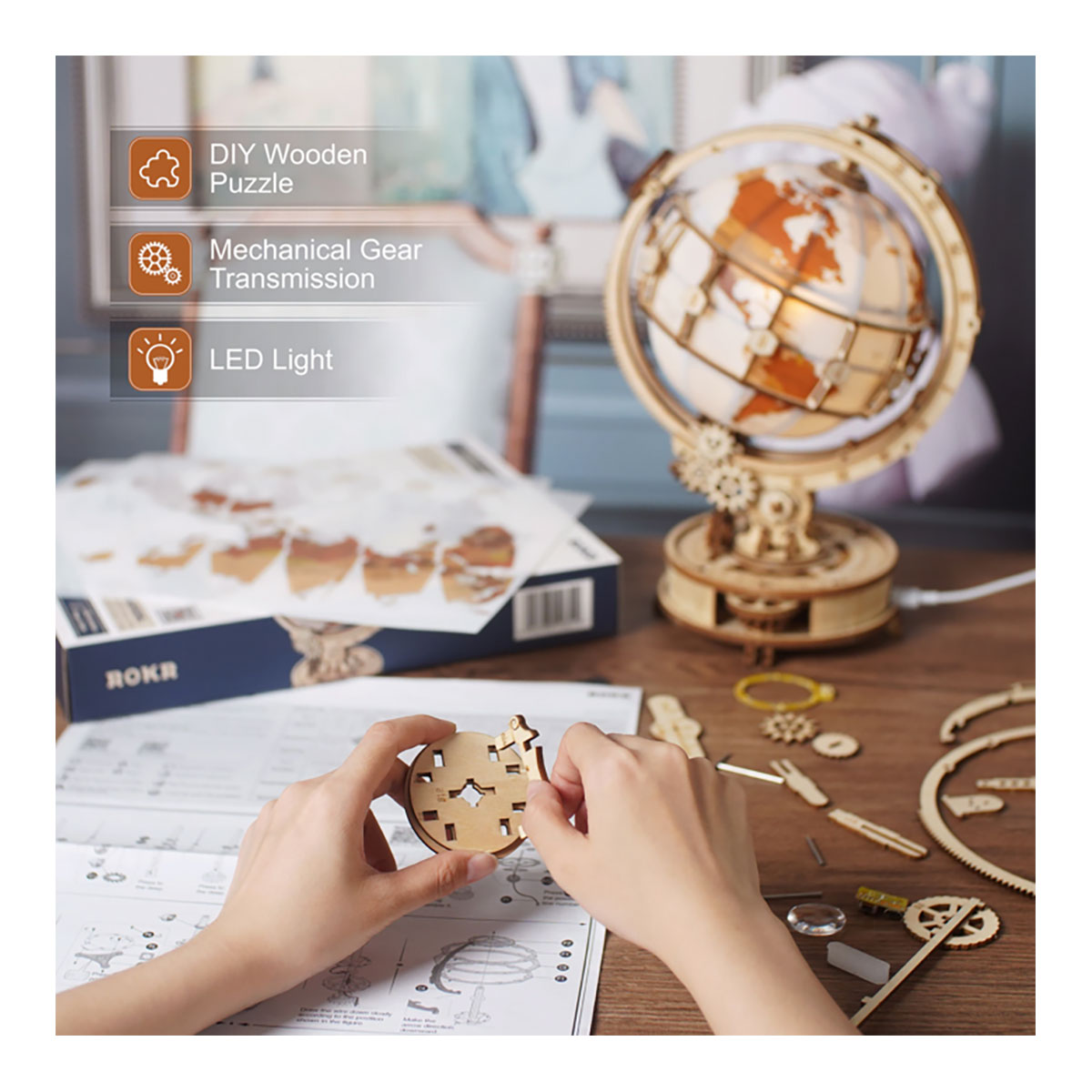 3D-Holzpuzzle Globus beleuchtet