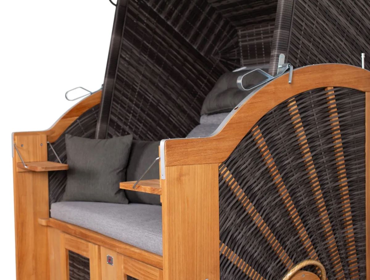 Strandkorb deVries PURE® Classic XL SUN Teak PE stone grey Dessin 466 inkl. Sekt-/Champagnerkühler