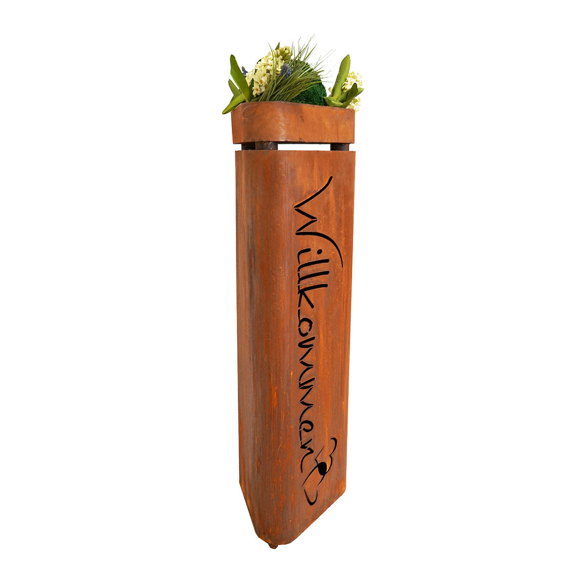 Edelrost Pflanzsäule Willkommen mit Schale