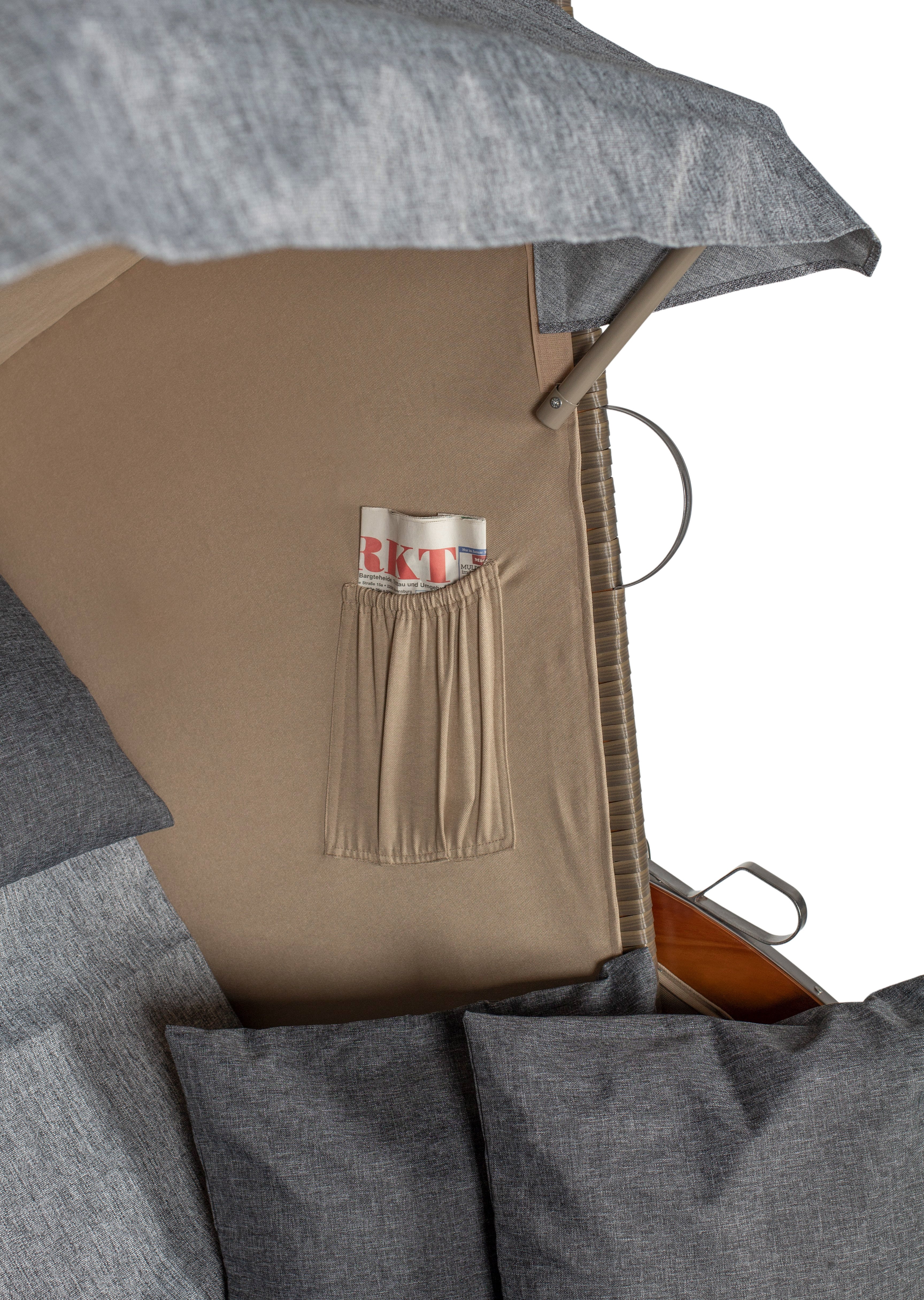 Strandkorb Büsum Pinie PE mokka Dessin uni hellgrau inkl. Sekt-/Champagnerkühler