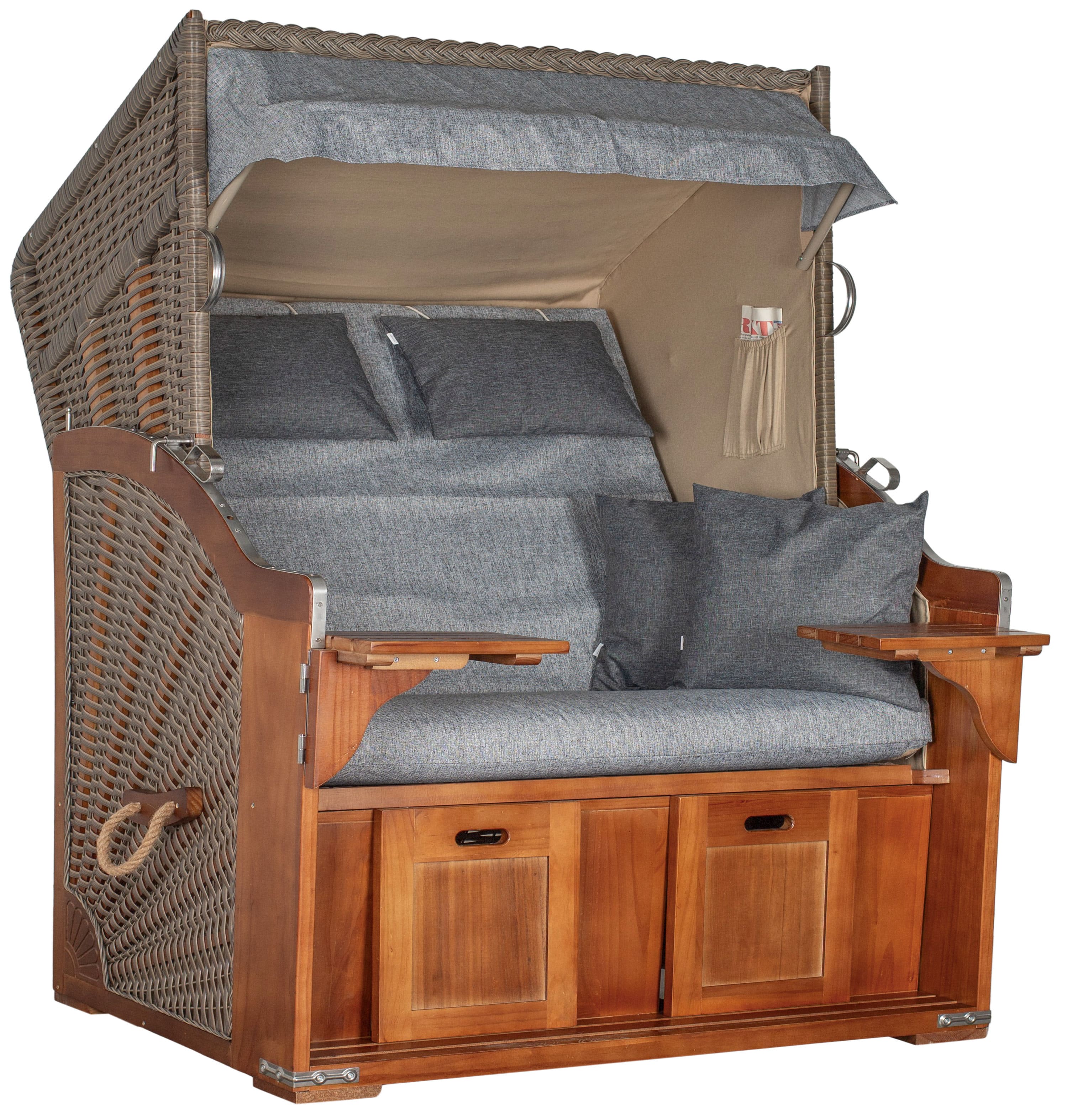 Strandkorb Büsum Pinie PE mokka Dessin uni hellgrau inkl. Sekt-/Champagnerkühler