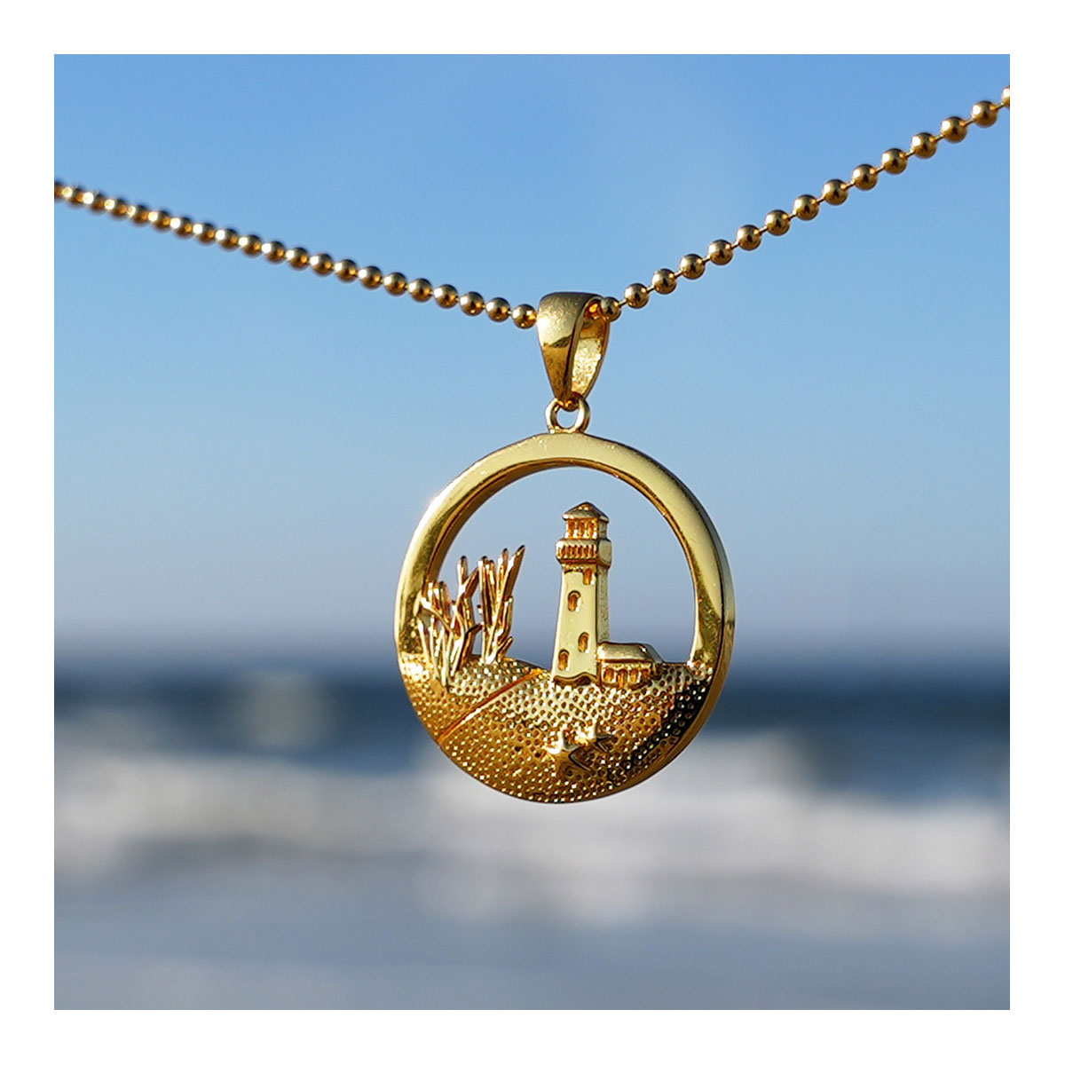 Kettenanhänger Leuchtturm + Düne 18k vergoldetes Silber inkl. Kugelkette (50cm)