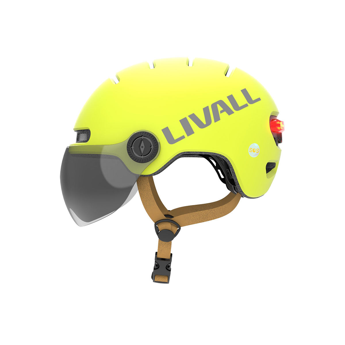 Fahrradhelm gelb mit Visier, Bremslicht und SOS-Alarm (L23)
