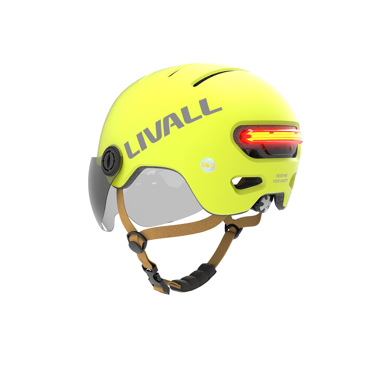 Fahrradhelm gelb mit Visier, Bremslicht und SOS-Alarm (L23)