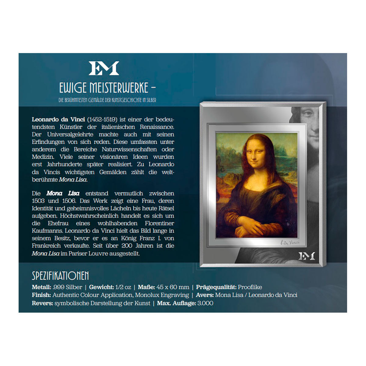 Silberbarren Ewige Meisterwerke - "Mona Lisa" von Leonardo da Vinci
