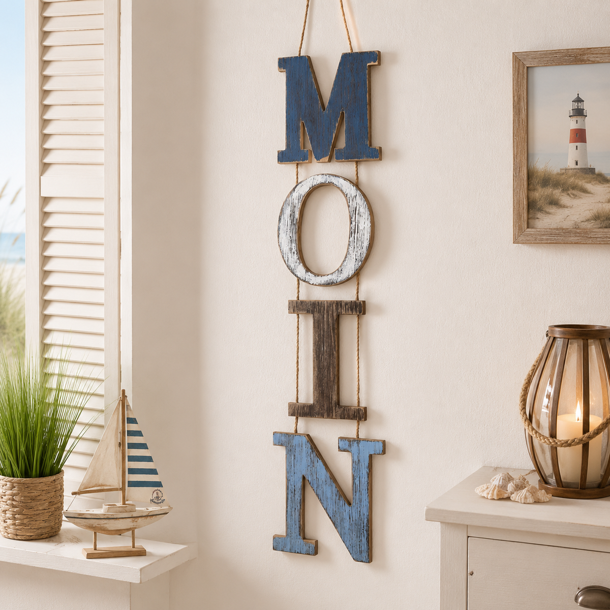 Großbuchstaben aus Holz "Moin" zum Hängen