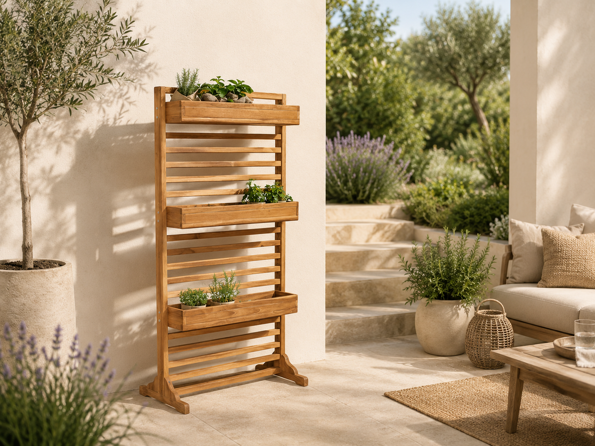 Sichtschutz Pflanzspalier Holmer Teak mit Pflanzbehälter