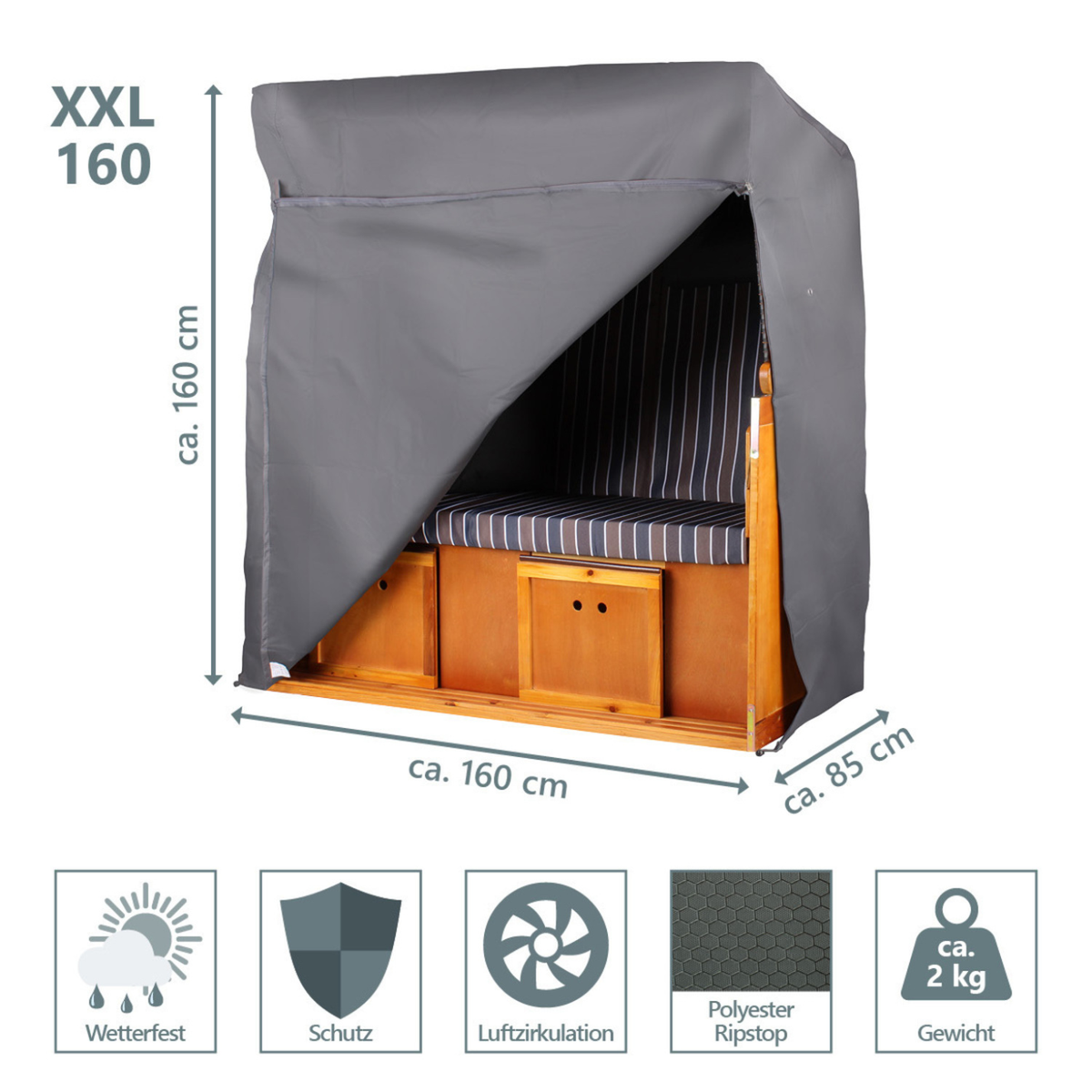 bene protect Strandkorb Schutzhülle Aero Protect Größe XXL 160 cm Breite Dunkelgrau