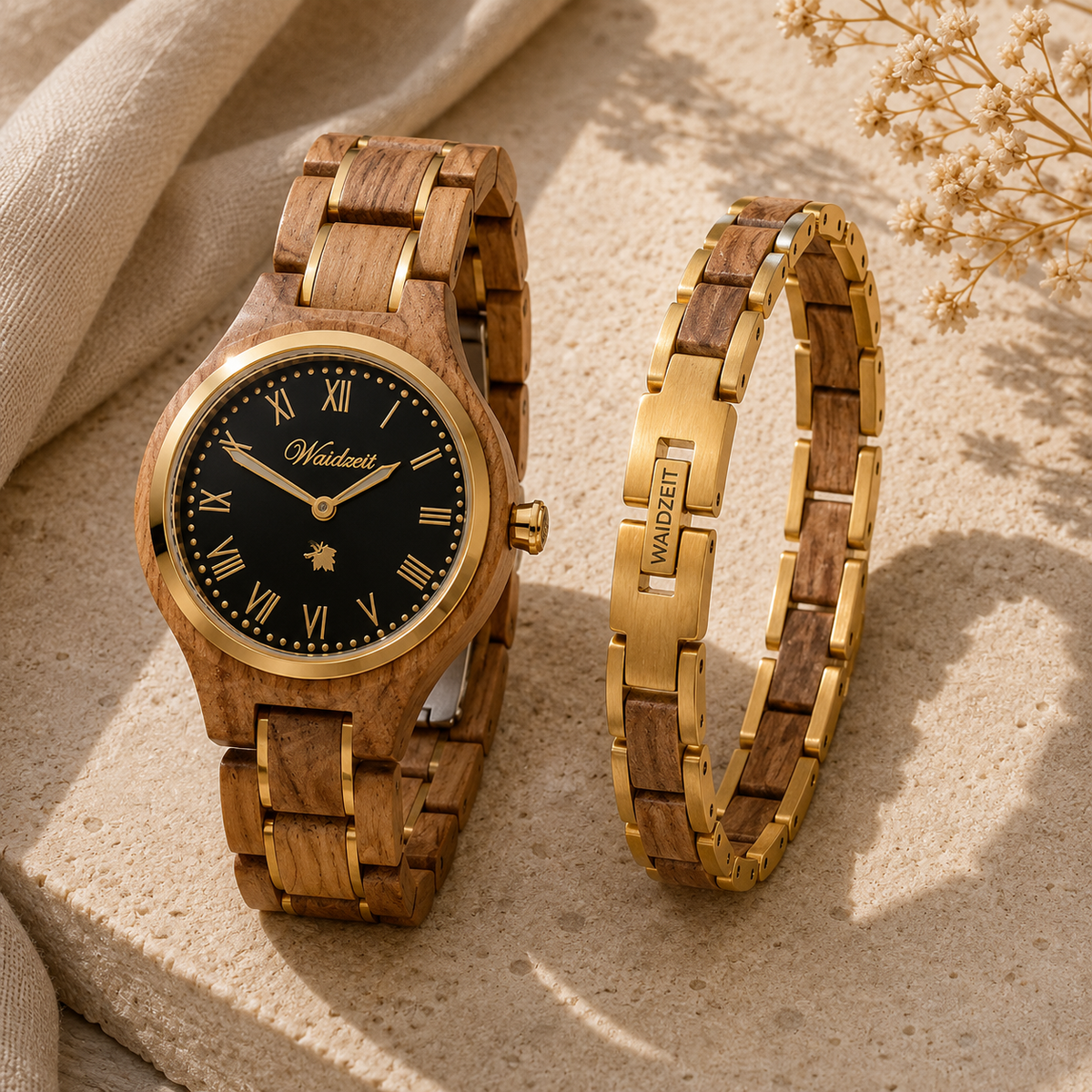 Set: Damenuhr Weinprinzessin Noir + Elementarmband Damen Barrique Gold