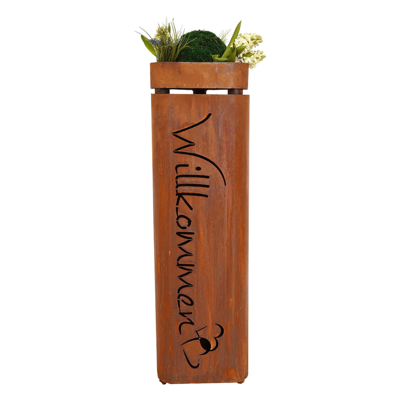 Edelrost Pflanzsäule Willkommen mit Schale