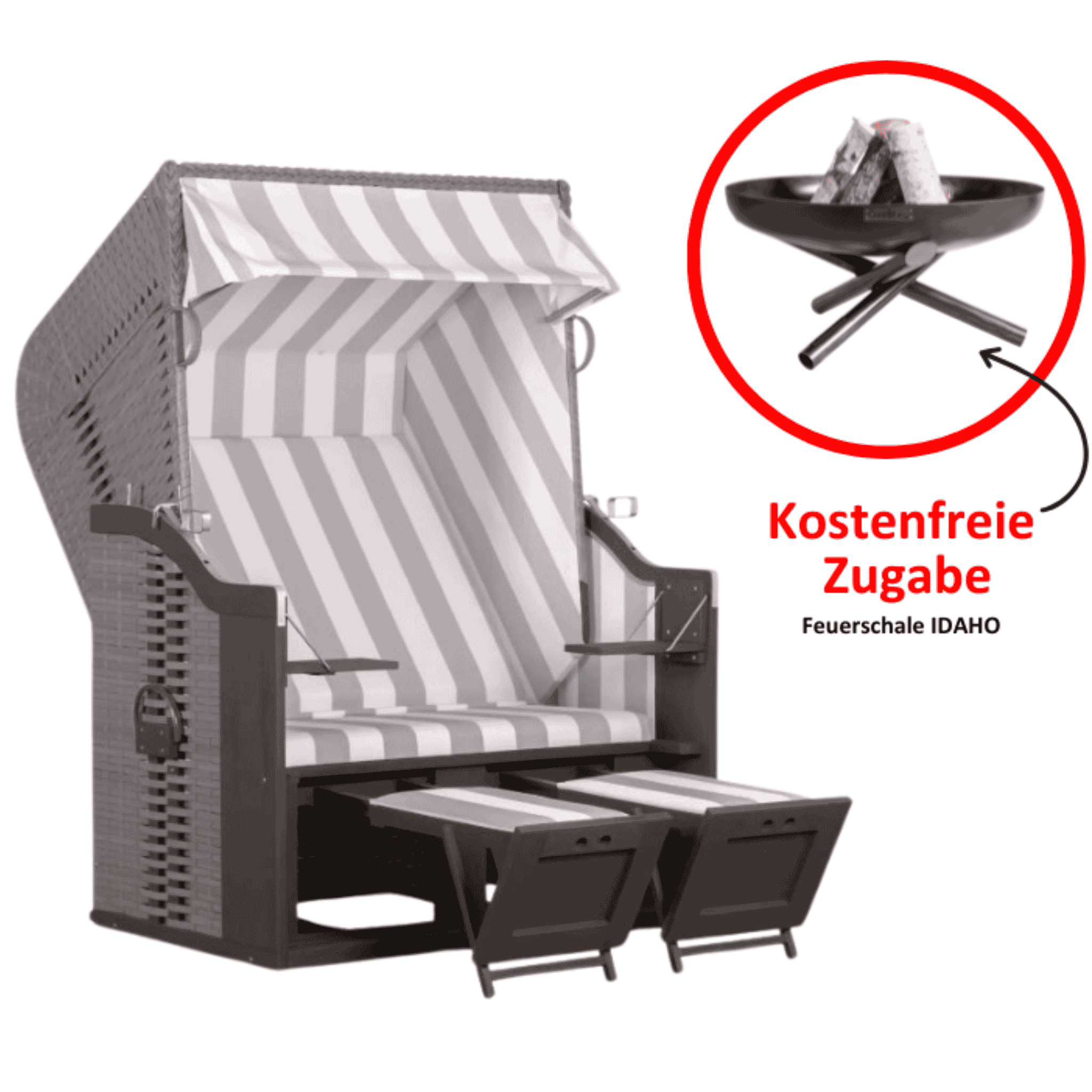 Strandkorb deVries Profi Ostsee Fehmarn grau/weiß inkl. Feuerschale IDAHO