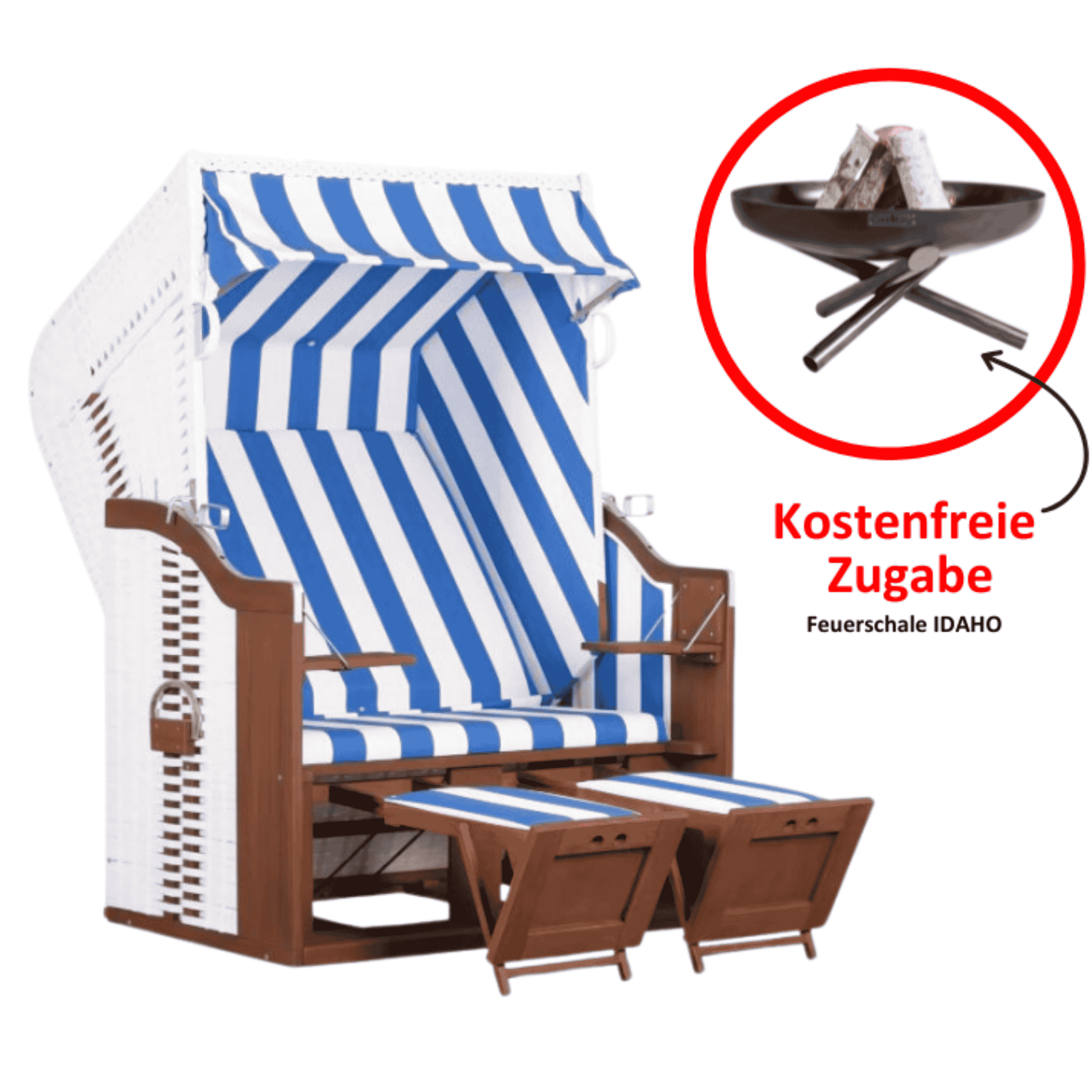 Strandkorb deVries Profi Ostsee Fehmarn blau/weiß inkl. Feuerschale IDAHO