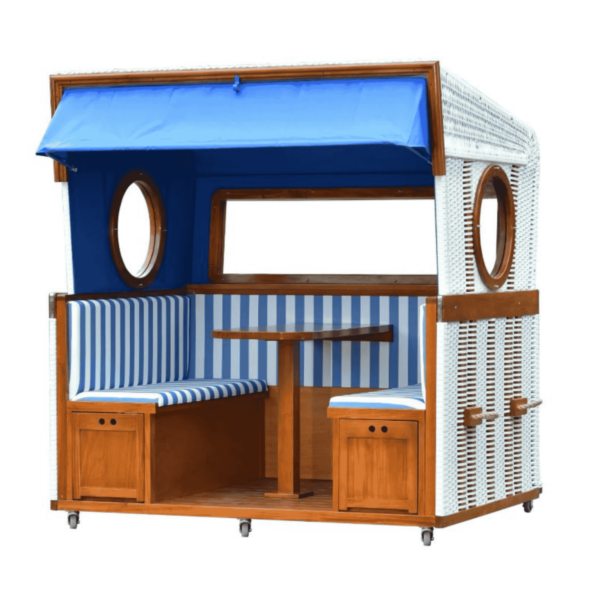 Gosch-Lounge Strandkorb 6-Sitzer Mahagoni - PE weiß - Modell blau/weiß