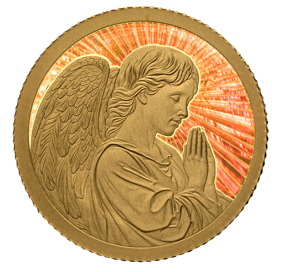 Goldmünze Engel mit Regenbogeneffekt im roten Samtsäckchen