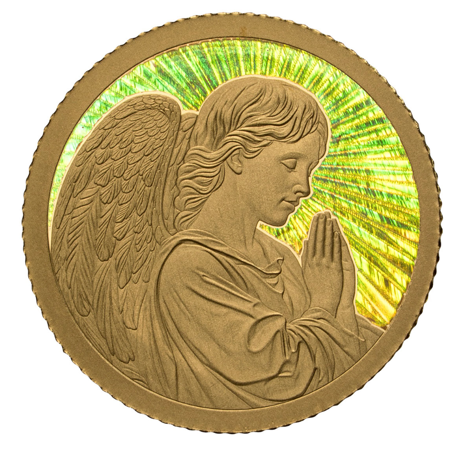 Goldmünze Engel mit Regenbogeneffekt im roten Samtsäckchen