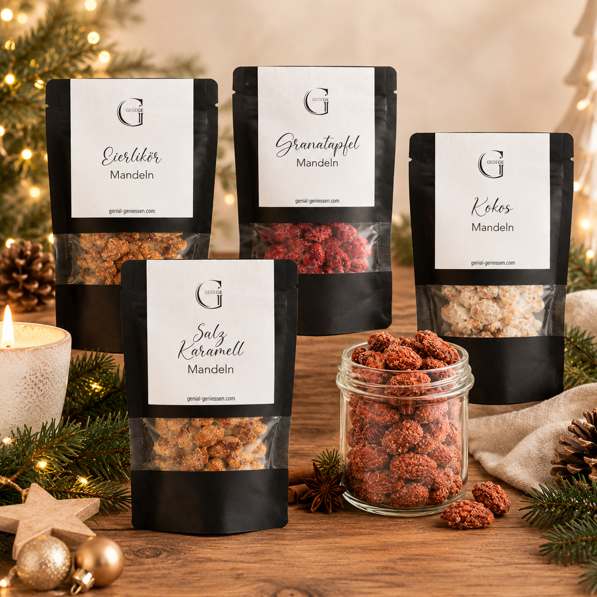 „Winterzauber Mandel-4er Set“ (Granatapfel, Kokos, Eierlikör, Salz-Karamell)