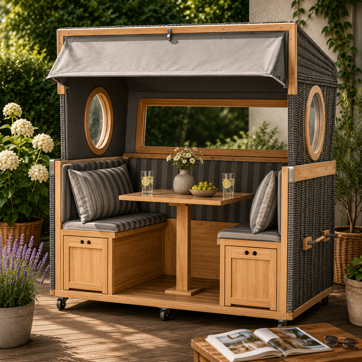 Gosch-Lounge Strandkorb 6-Sitzer Teak - PE grau - Modell 537