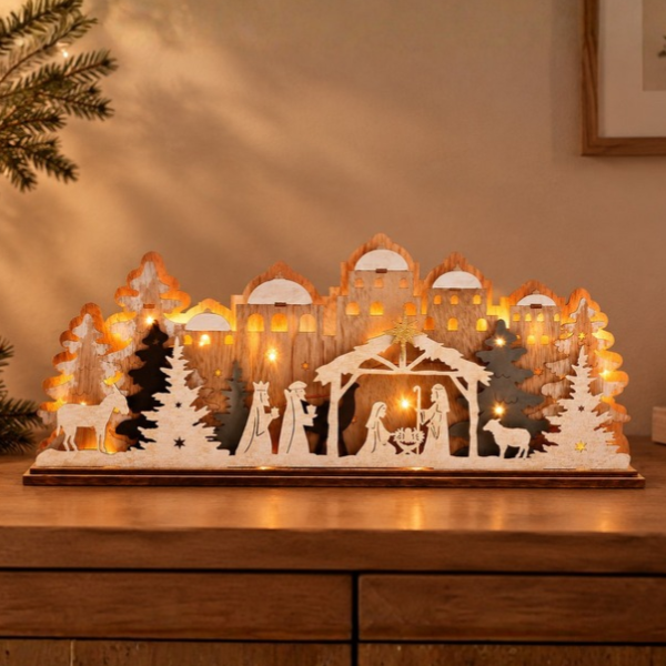 Krippenszene mit LED aus Holz