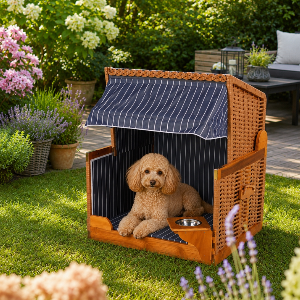 Hunde- und Katzenstrandkorb gestreift/blau PE beige