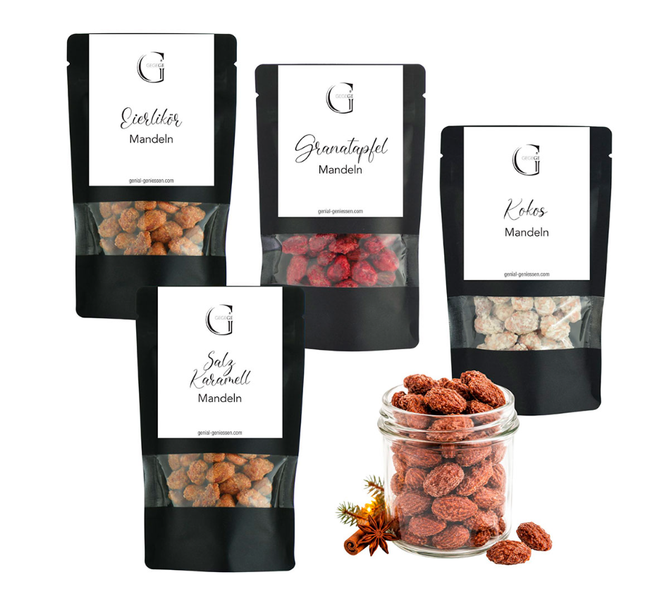 „Winterzauber Mandel-4er Set“ (Granatapfel, Kokos, Eierlikör, Salz-Karamell)