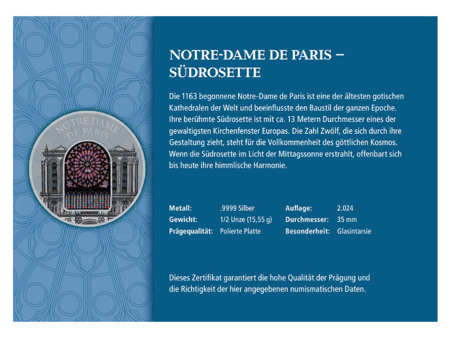 Silbermedaille Windows of Heaven Frankreich - Notre Dame