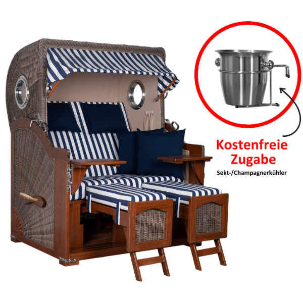 Strandkorb Düne Bullauge Mahagoni PE Grey Dessin 518 inkl. Sekt-/Champagnerkühler