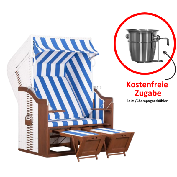 Strandkorb deVries Profi Ostsee Fehmarn blau/weiß inkl. Sekt-/Champagnerkühler