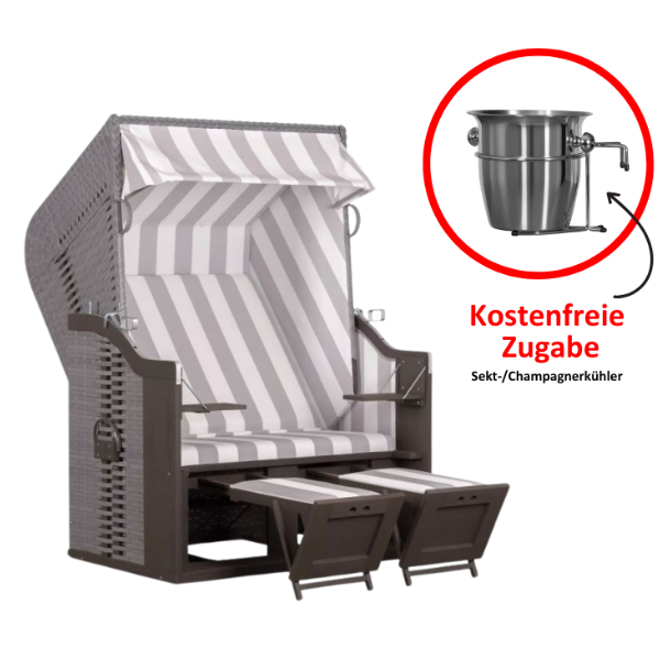 Strandkorb deVries Profi Ostsee Fehmarn grau/weiß inkl. Sekt-/Champagnerkühler