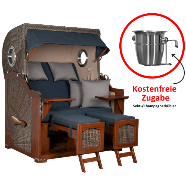 Strandkorb Düne Bullauge Mahagoni PE Grey Dessin 593 inkl. Sekt-/Champagnerkühler