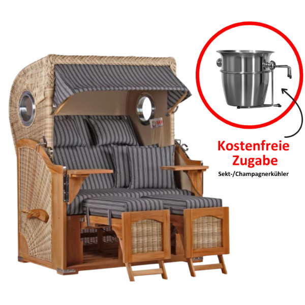 Strandkorb Düne Teak Bullauge Dessin 500 inkl. Sekt-/Champagnerkühler