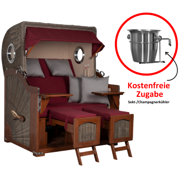 Strandkorb Düne Bullauge Mahagoni PE Grey Dessin 594 inkl. Sekt-/Champagnerkühler