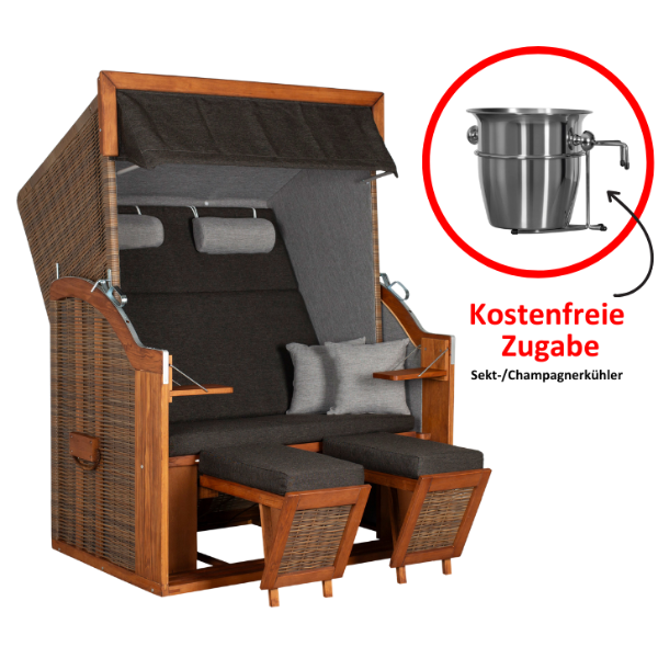 Strandkorb Tinnum Pinie PE griseum Dessin 572 inkl. Sekt-/Champagnerkühler