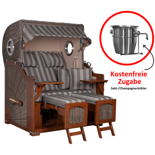 Strandkorb Düne Bullauge Mahagoni PE Grey Dessin 537 inkl. Sekt-/Champagnerkühler