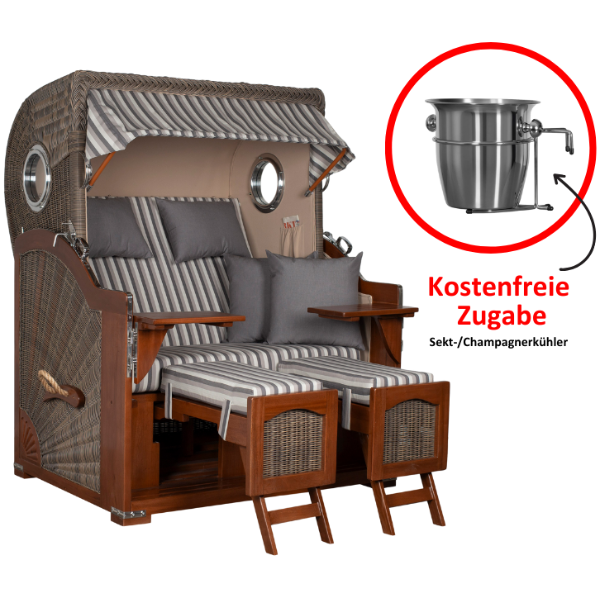 Strandkorb Düne Bullauge Mahagoni PE Grey Dessin 545 inkl. Sekt-/Champagnerkühler