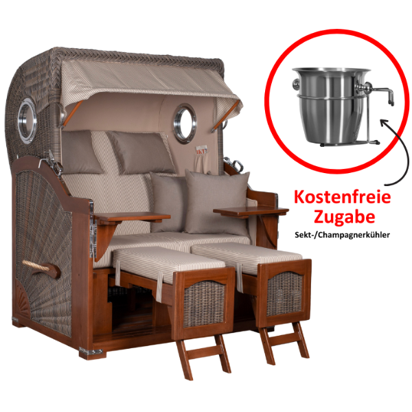 Strandkorb Düne Bullauge Mahagoni PE Grey Dessin 510 inkl. Sekt-/Champagnerkühler