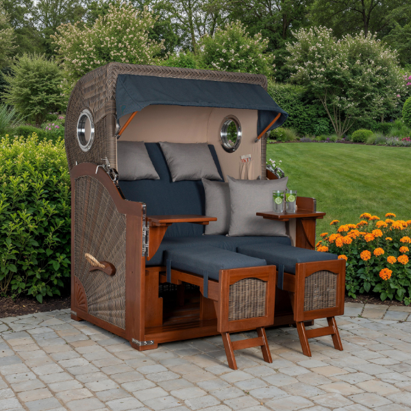 Strandkorb Düne Bullauge Mahagoni PE Grey Dessin 593 inkl. Sekt-/Champagnerkühler