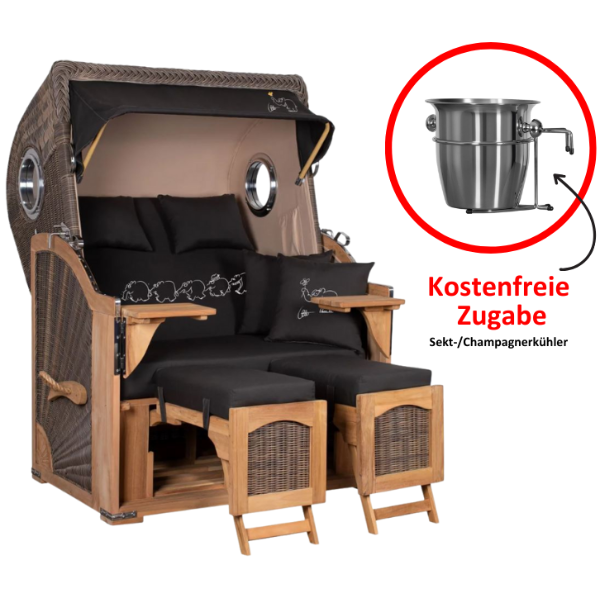 Komplettset Strandkorb Düne Bullauge Teak PE Grey Dessin Ottifant inkl. Sekt-/Champagnerkühler