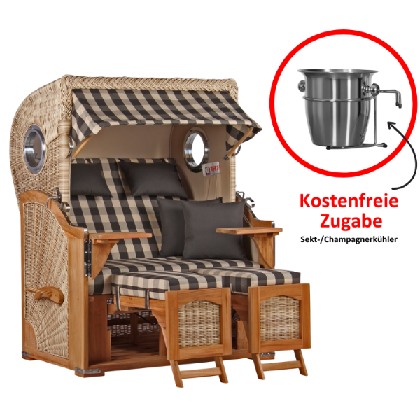 Strandkorb Düne Teak Bullauge Dessin 505 inkl. Sekt-/Champagnerkühler