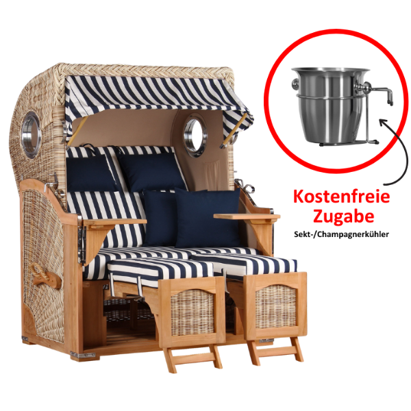 Strandkorb Düne Teak Bullauge Dessin 518 inkl. Sekt-/Champagnerkühler