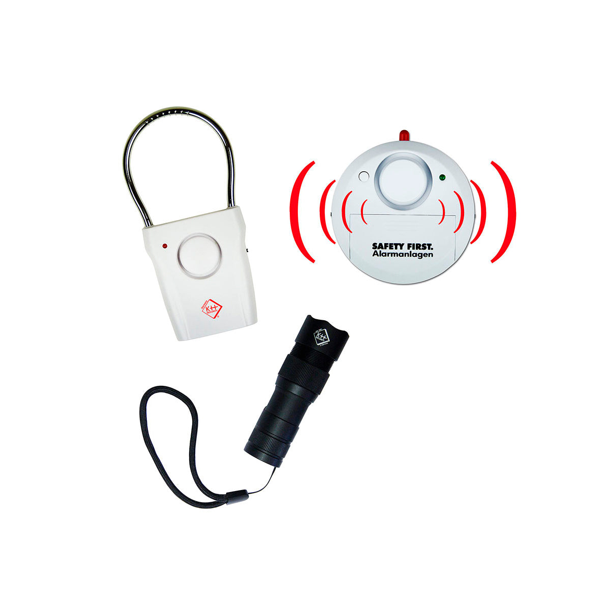 Sicherheitspaket: Taschenlampe mit Alarm, Glasbruchalarm (2er Set) & Türgriffalarm