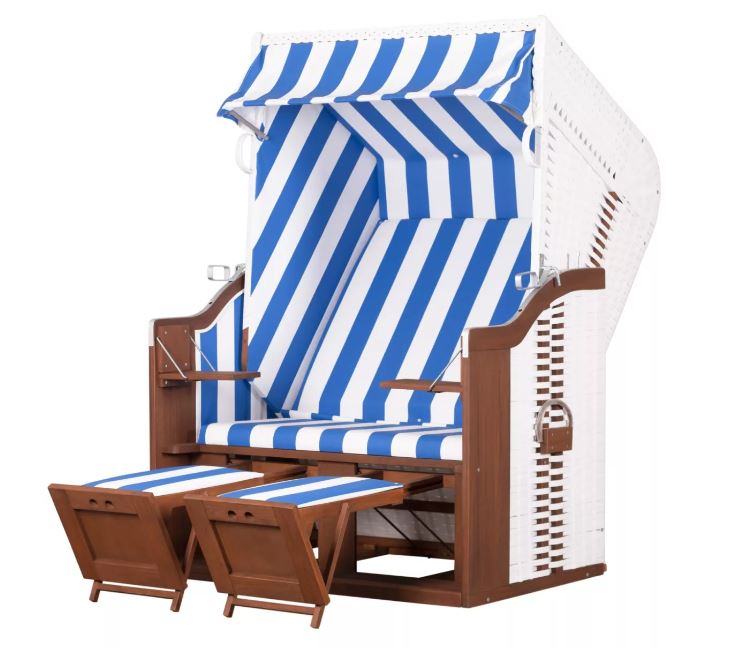 Strandkorb deVries Profi Ostsee Fehmarn blau/weiß inkl. Sekt-/Champagnerkühler