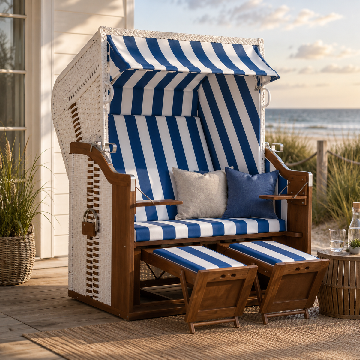 Strandkorb deVries Profi Ostsee Fehmarn blau/weiß inkl. Sekt-/Champagnerkühler