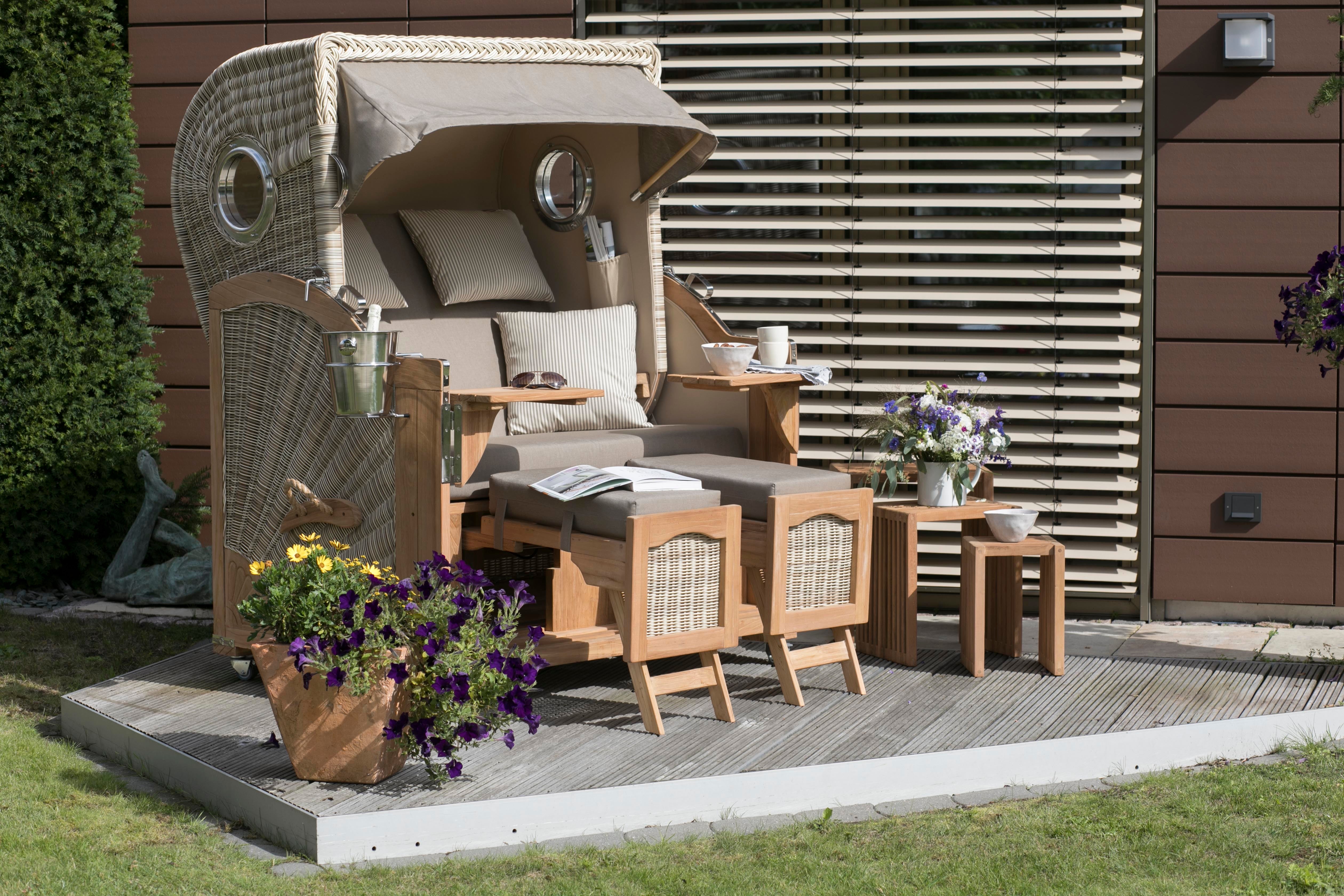 Strandkorb Düne Teak Bullauge Dessin 534 inkl. Feuerschale IDAHO