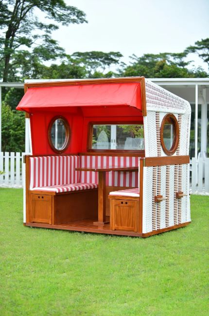 Gosch-Lounge Strandkorb 6-Sitzer Mahagoni - PE weiß - Modell rot/weiß